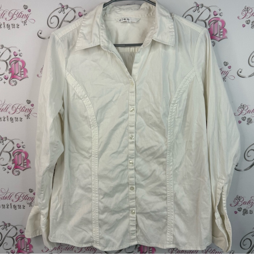 Cleo long sleeve shirt button up cream White Shirt collared shiny buttons